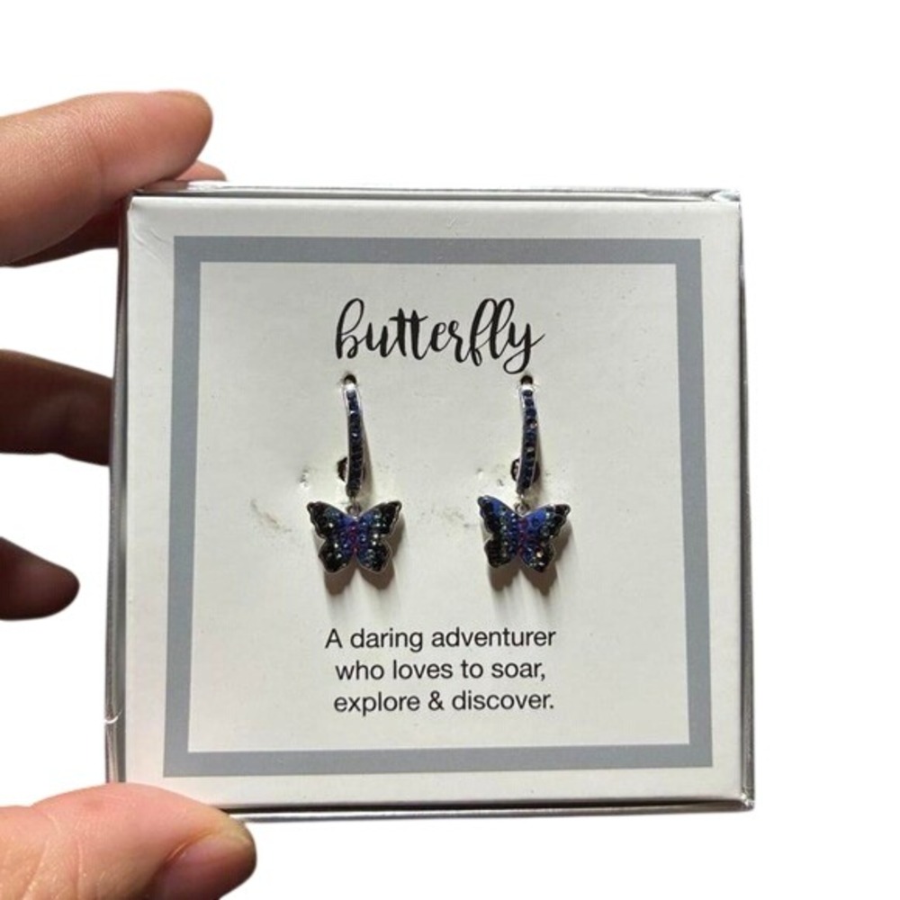 Kohls Butterfly Drop Earrings Blue Black Glitter Silver Tone Huggie NIB